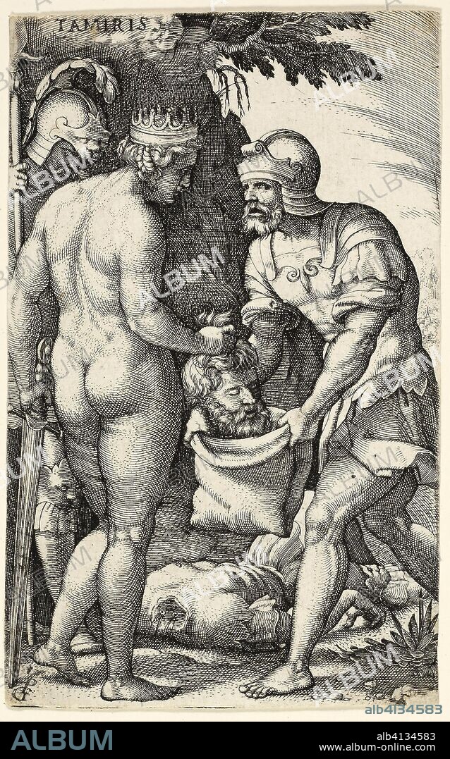 Tamiris, from Greek Heroines. Georg Pencz; German, c. 1500-1550. Date: 1534-1544. Dimensions: 118 x 74 mm (sheet). Engraving in black on ivory laid paper. Origin: Germany.