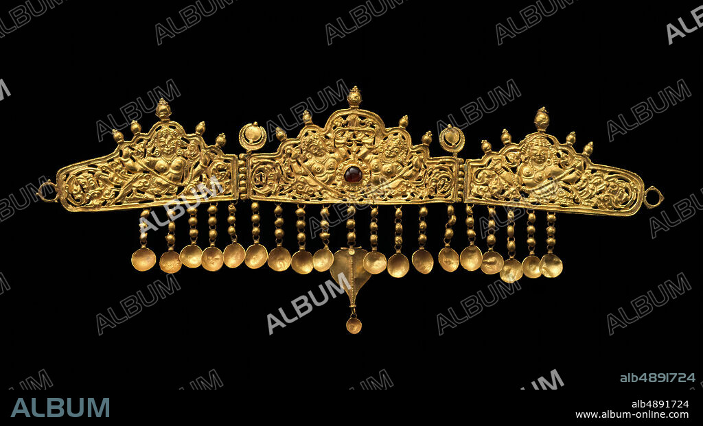 Diadem with Kinnaris (Half-Bird, Half-Female Creatures), India (Jammu & Kashmir, ancient kingdom of Kashmir), 9th10th century, India (Jammu & Kashmir, ancient kingdom of Kashmir), Gold inset with garnet, H. 4 5/8 in. (11.8 cm); W. 11 1/8 in. (28.3 cm), Jewelry.