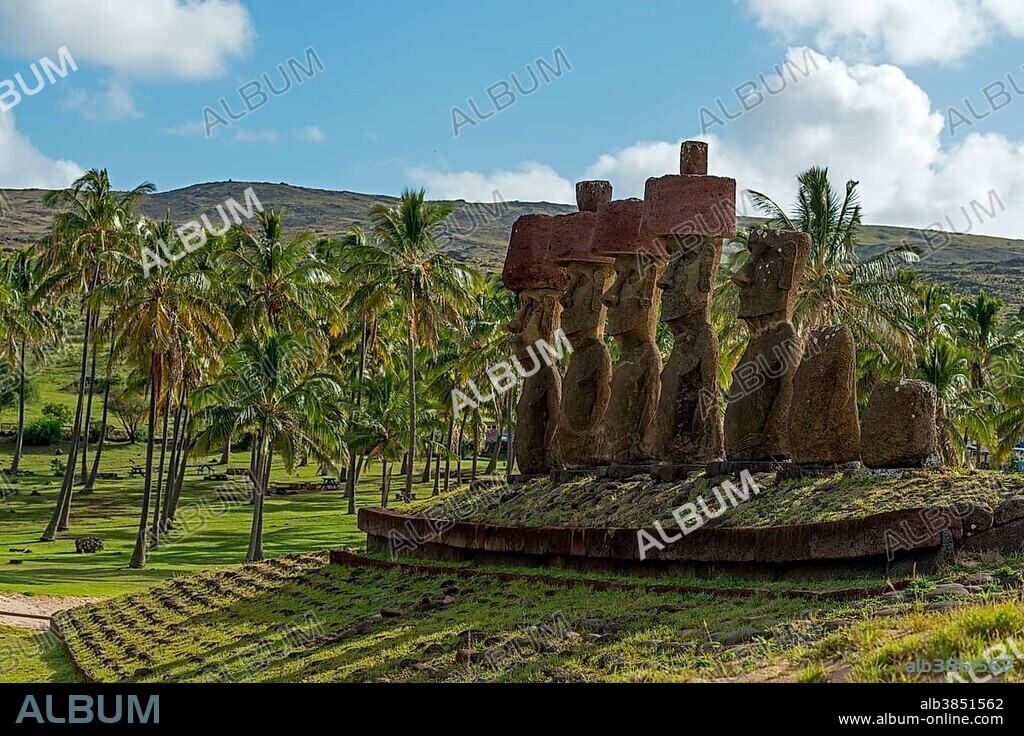 Moais, palm trees, near Anakena, Rapa Nui, Easter Island, Chile