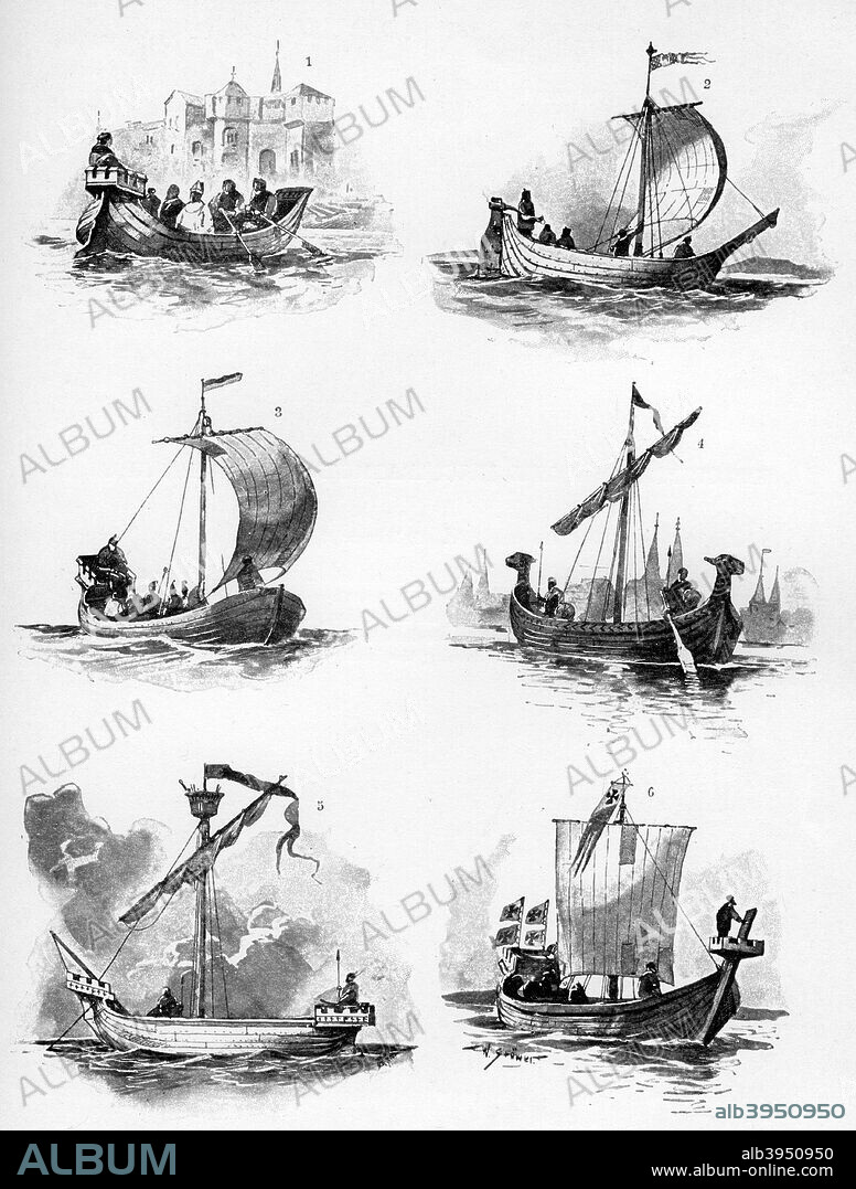 Ships of the Hanseatic League of the 14th and 15th century, (1903). 1 and 3: Cologne ships of the year 1400; 2: Wisnar ship; 4: Lubeck ship; 5: Danzig ship; 6: Elbing ship. The Hanseatic League monopolised trade in the Baltic between the 13th and 17th centuries. A print from The World's History, A Survey of Man's Record, by Dr HF Helmolt, Volume II, William Heinemann, London, 1903.