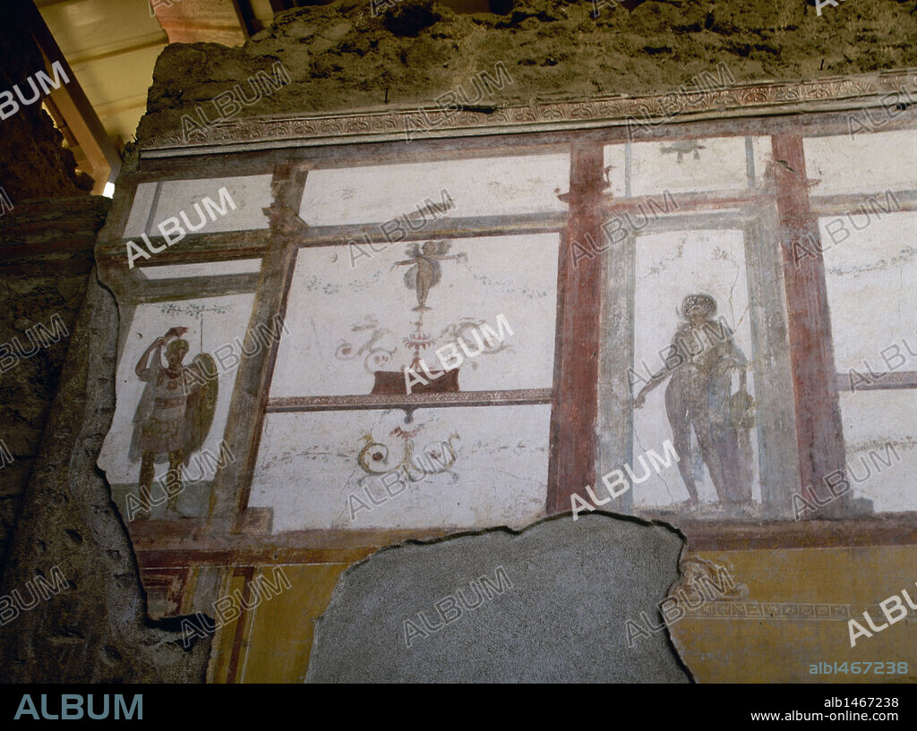 ARTE ROMANO. ITALIA. Casa del Larario de Aquiles. Habitación número 4. Detalle de las pinturas mural que decoraban esta habitación. Pompeya. Campania.