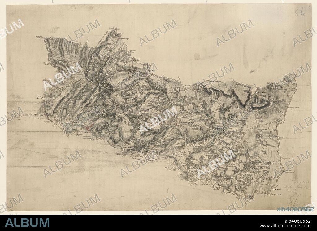 THOMAS BUDGEN. A map of Chiddingfold. A turnpike road, coloured ochre yellow, forms a boundary from Hascombe at the top right of the map to 'Aldfold' at the bottom. Common land and dense woodland dominate the region to the left around Hindhead Valley and the Devil's Punchbowl.Commonland is indicated by open dotting. Woods and trees could provide hindrance or cover for the movement of a regiment, so these are recorded in painstaking detail. Individual trees are depicted with a small vertical stem and a shadow at the base. There are also more general representations of groups of treetops. Chiddingfold is a village and civil parish in the heart of The Weald in the Waverley district of Surrey, England.  . (Map of Chiddingfold.). 1810. Pencil and ink on paper. Map scale ratio: 2'' : Mile (1 : 31680). Source: OSD 86/2.