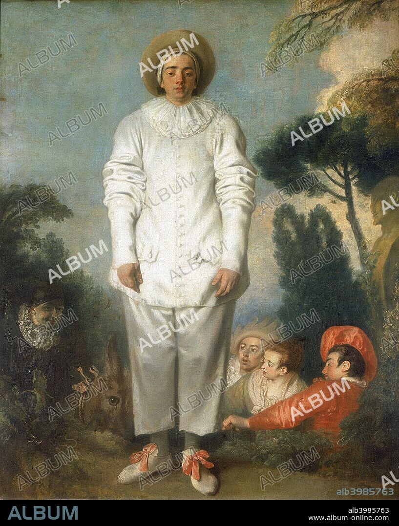 'Gilles - Pierrot', 1718-1719. Pierrot (Pedrolino in the original Italian  Commedia dell'Arte), the naïve, unsuccessful lover, played in a baggy white satin suit and whitened, unmasked face. The other four figures are the Doctor (masked) on ass, Leandre, Isabelle and the Captain. From the collection of the Louvre, Paris.