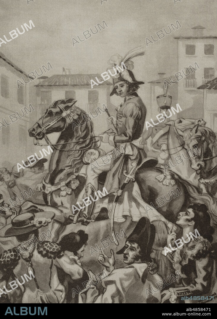 España. Madrid. Invasión Napoleónica. El mariscal francés Joaquín Murat (1767-1815) diariamente se mostraba en público rodeado de su guardia imperial, pasando cada domingo revista a sus tropas en el Prado. El domingo 1 de mayo de 1808, tras pasar por la Puerta del Sol, la muchedumbre lo silbó e increpó. "... al pasar Murat con su lujoso Estado Mayor, los manolos allí reunidos le silbaron de una manera horrorosa". Los guerrilleros de 1808. Historia popular de la Guerra de la Independencia, por Enrique Rodríguez-Solís. Tomo I. Publicado en Madrid, 1930.