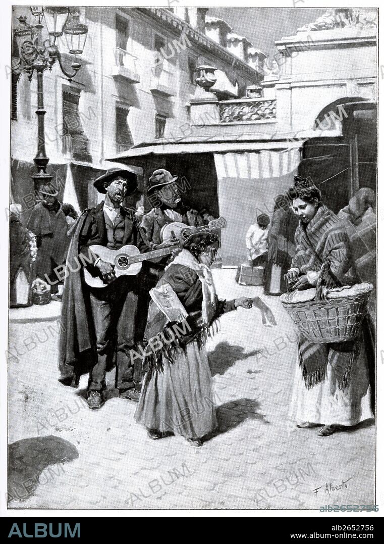 Madrid. Venta ambulante de cancioneros y grabados populares. Grabado de 1898.