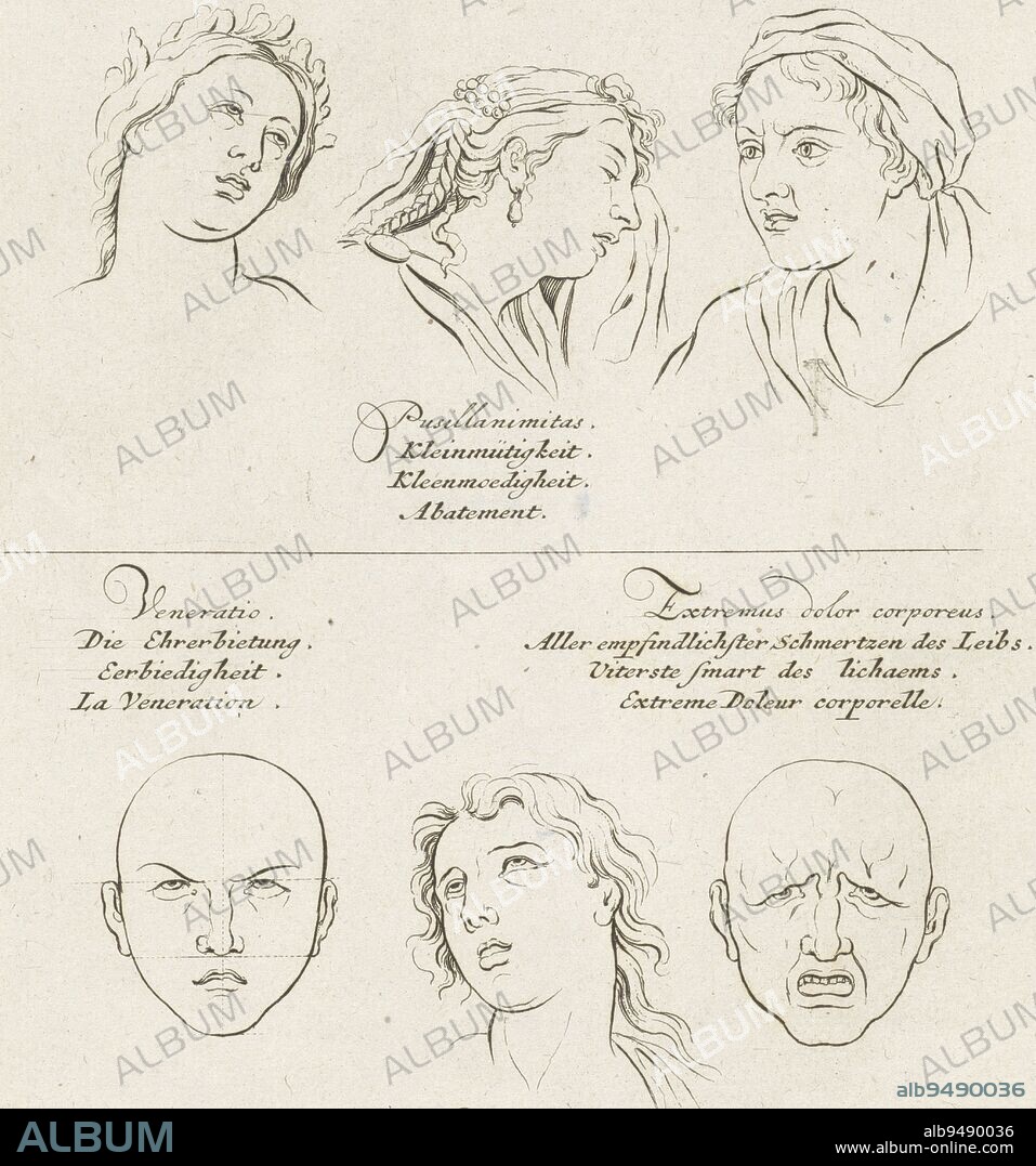 Facial Expressions of Love, Pettiness, Desire, Reverence, Delight and Sorrow, Pieter Schenk (I), after Sébastien Leclerc, after Charles Le Brun, 1692 - 1711, At top three faces with facial expressions of love, pettiness and desire. At bottom three faces with facial expressions of reverence, rapture and bodily sorrow., print maker: Pieter Schenk (I), Sébastien Leclerc, intermediary draughtsman: Charles Le Brun, Amsterdam, 1692 - 1711, paper, etching, h 211 mm × w 161 mm.