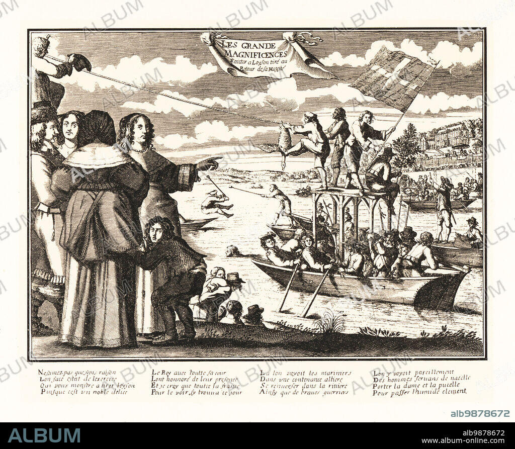 Water games on the Seine for a royal festival, 1660. Part of the Grand Magnificences to celebrate the return of King Louis XIV and Maria Teresa, Infanta of Spain, to Paris. Sailors on rowboats joust with poles while a group of men on a boat with an elevated platform try to grab a goose hanging from a rope. La joute sur l'eau et le jeu de l'oyson. Lithograph from Henry Rene dAllemagnes Recreations et Passe-Temps, Games and Pastimes, Hachette, Paris, 1906.