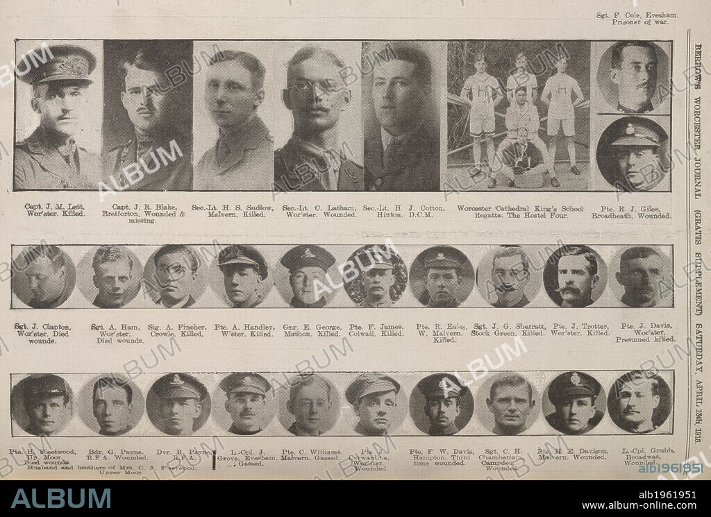 Casulties of the First World War. Portraits of soldiers killed or wounded. . Berrows Worchester Journal. 13/04/1918. Source: Berrows Worchester Journal, page 2. Language: English.