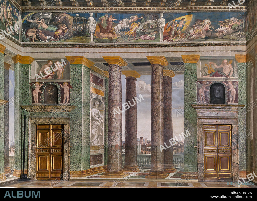 Rome, Villa Farnesina: The Hall of Perspectives, representing views of Rome. Frescoes by Baldassarre Peruzzi (1518-9). Detail with columns.. It represents the ideal continuation of the ground floor loggias; through the imitation columns one can see various views: villages perched on rock, countryside views, and in the background, against an illuminated sky, is the city (The Holy Spirit Church, a Roman basilica, the porta Settimiana).