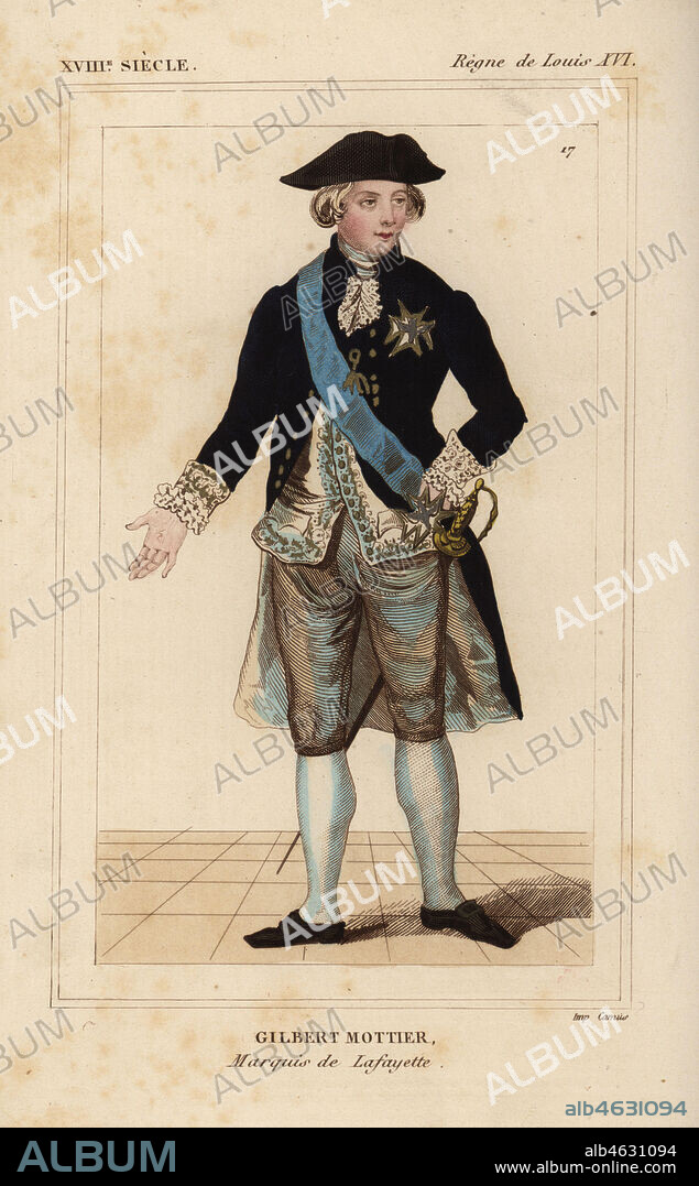 Gilbert du Motier, Marquis de Lafayette 1757-1834. Costume of 1789. Handcoloured lithograph from Le Bibliophile Jacob aka Paul Lacroix's Costumes Historiques de la France (Historical Costumes of France), Administration de Librairie, Paris, 1852.