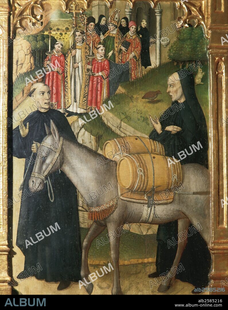 ARTE GOTICO. ESPAÑA. SIGLO XV. HUGUET, Jaume (Valls, h.1415-Barcelona, 1492). Detalle del "RETABLO DE LOS SANTOS ABDO Y SENEN" (1460). Pintura sobre tabla de 301 x 225 cm. Tabla lateral. "TRASLADO DE LAS RELIQUIAS DE LOS SANTOS ABDON Y SENEN". Pintado en Barcelona entre 1460 y 1461. Procede del altar lateral de la Iglesia de Sant Pere de Terrassa. IGLESIA DE SANTA MARIA. TERRASSA. Provincia de Barcelona. Cataluña.