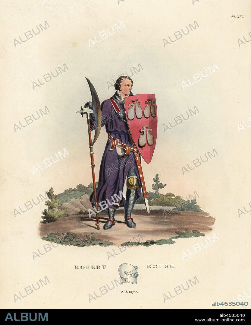 Robert Rouse, Kinght Templar, 1270. He wears a long surcoat over chainmail hauberk and chausses, knee poleyns, and carries a large battle axe and shield with coat of arms. From an effigy in the Temple Church. Handcoloured lithograph after an illustration by S.R. Meyrick from Sir Samuel Rush Meyrick's A Critical Inquiry into Antient Armour, John Dowding, London, 1842.