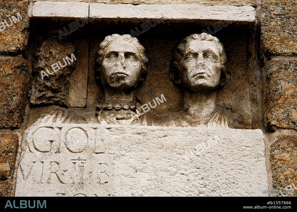 Roman Art. Gravestone, dating the 1st century AD, for a married couple. Reused in the Middle Ages to build the Porta Nuova city gate in Milan. Italy.