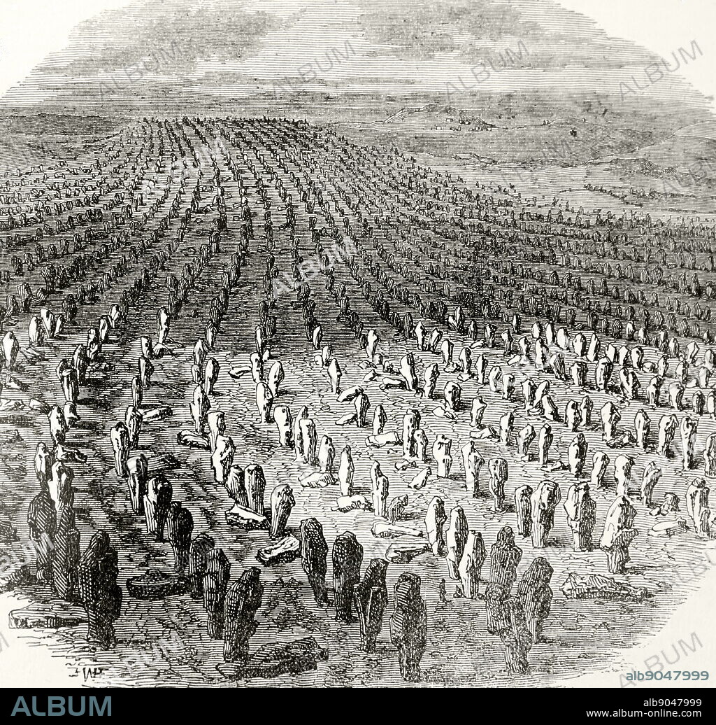 Engraving depicting the Carnac stones, a collection of megalithic sites around the village of Carnac in Brittany, consisting of alignments, dolmens, tumuli and single menhirs. Dated 19th Century.