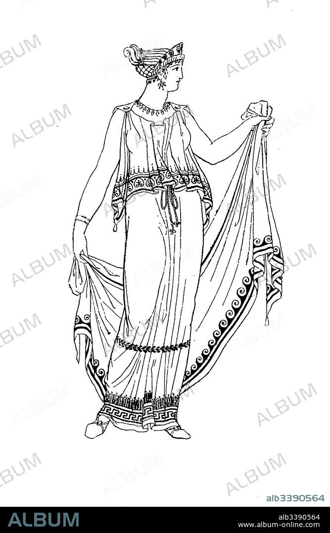 Greece, Lady with a chiton clothed, in the concept of the Peplos, History of fashion, costume story.