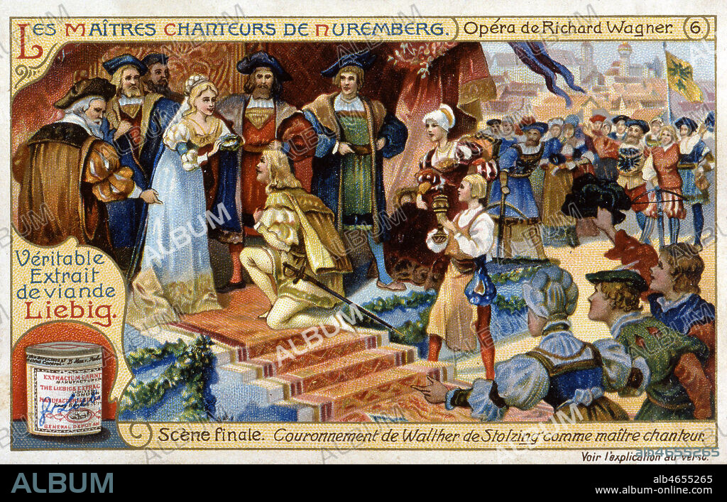 'Les maitres chanteurs de Nuremberg. Opera de Richard WAGNER (1813-1883). Scene finale : Couronnement de Walther de Stolzing comme maitre chanteur'. Chromo publicitaire Liebig de 1910. Credit : Collection KHARBINE-TAPABOR.