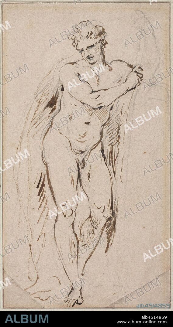 Jean Baptiste Carpeaux, French, 1827-1875, Standing Male Nude, between 1827 and 1875, pen and brown ink and graphite pencil on heavy brown wove paper, Sheet: 11 1/8 × 6 1/8 inches (28.3 × 15.6 cm).