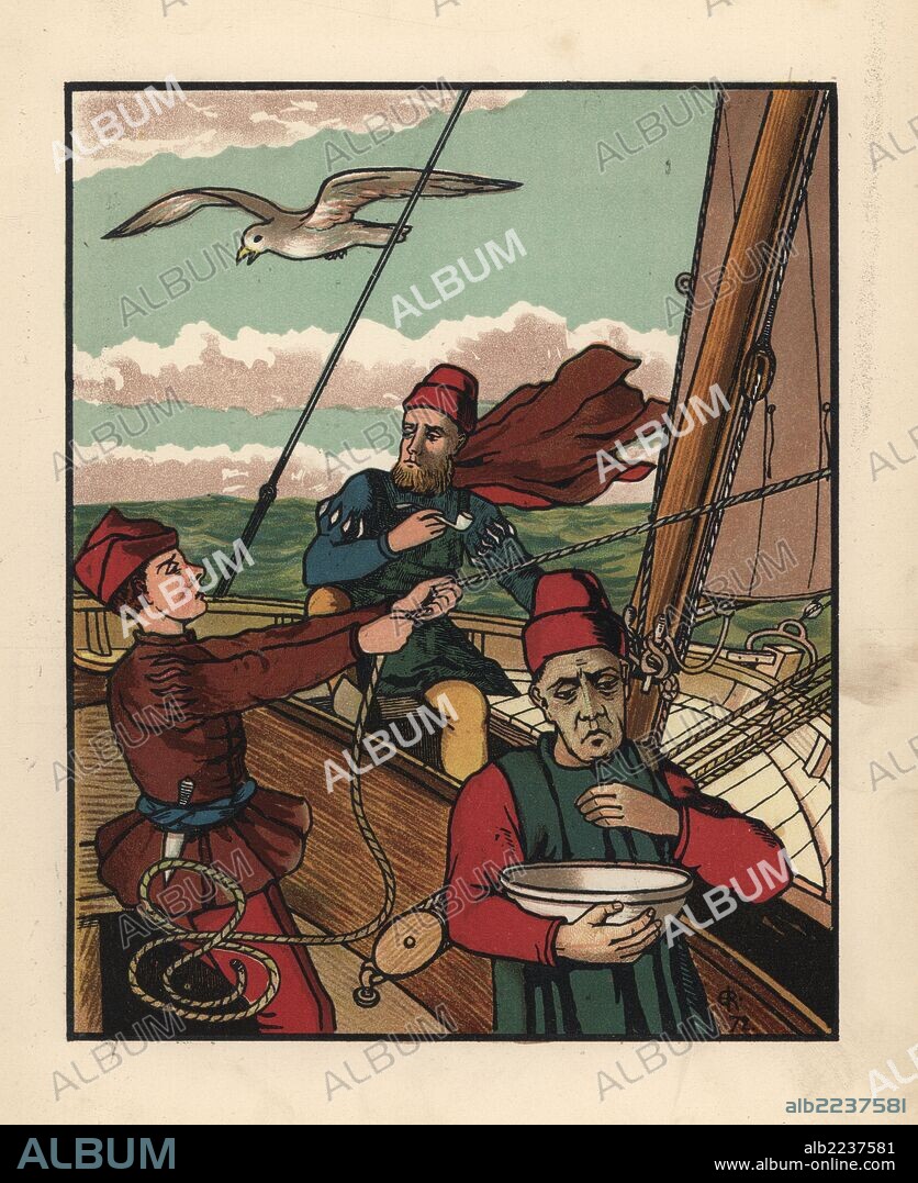 Medieval sailors on a sailboat, one pulling the sail rigging, smoking a pipe, and holding a bowl. Handcoloured lithograph after an illustration by J. E. Rogers from Francis Cowley Burnand's "Present Pastimes of Merrie England, Cassell, London, 1873.