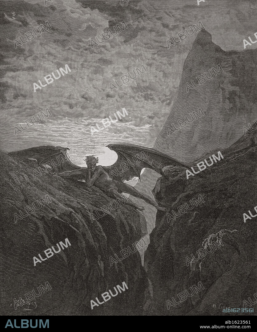 PAUL GUSTAVE DORÉ. Satan Resting On The Mountain    (From "Paradise Lost")  Gustave Dore (1832-1883/French)  Engraving.