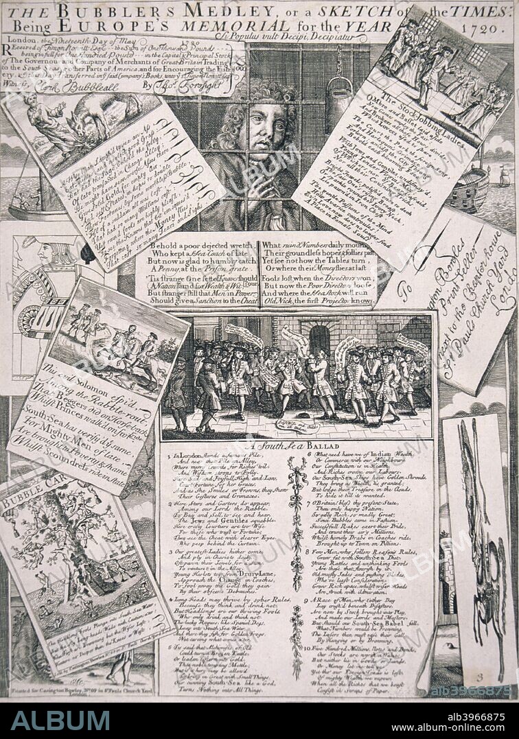 'The Bubblers Medley, or a Sketch of the Times', 1720. Satire on the South Sea Bubble of 1711-1720.  A bankrupt man behind bars praying, with mock brokers receipt, and various verses entitled 'The wise man and the ass', 'The stock-jobbing ladies', 'Beggars on horseback', 'A South Sea ballad', the playing card the Knave of Spades, a wrapper addressed 'John Bowles', a 'Bubble card, and finally at the bottom right, a vertically elongated figure of a horse. This bubble, or hoax, centred on the South Sea Company which had been founded in order to trade with Spanish America on the assumption that the War of the Spanish Succession would end soon with a favourable treaty allowing trading. The Treaty of Utrecht in 1713 was not as favourable as hoped, although confidence was boosted when George I became governor of the company. However by September 1720 the market had collapsed and many investors were ruined.