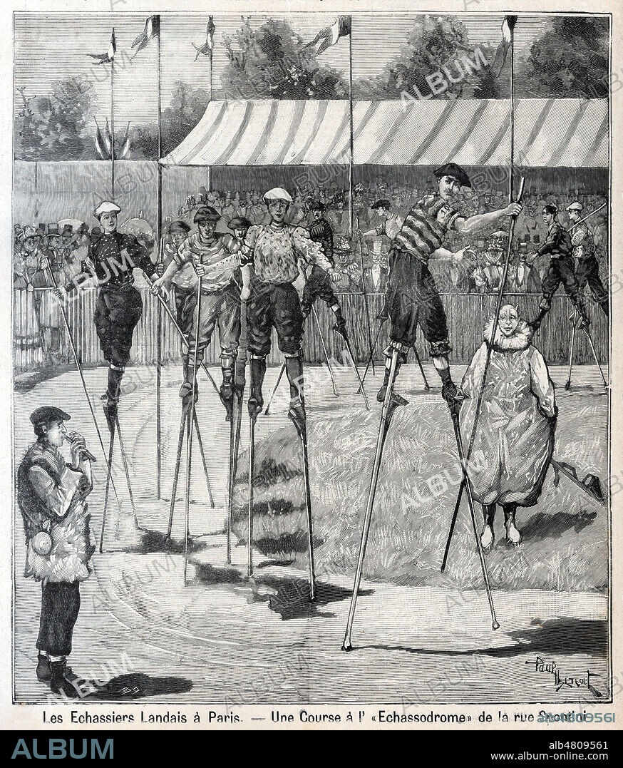 Les echassiers landais a Paris. Une course a l'Echassodrome de la rue Spontini. Illustration de Tony BELTRAND (1847-1904) pour Le Petit Parisien Supplement litteraire illustre du 24 juin 1894. Credit : Collection Kharbine-Tapabor.