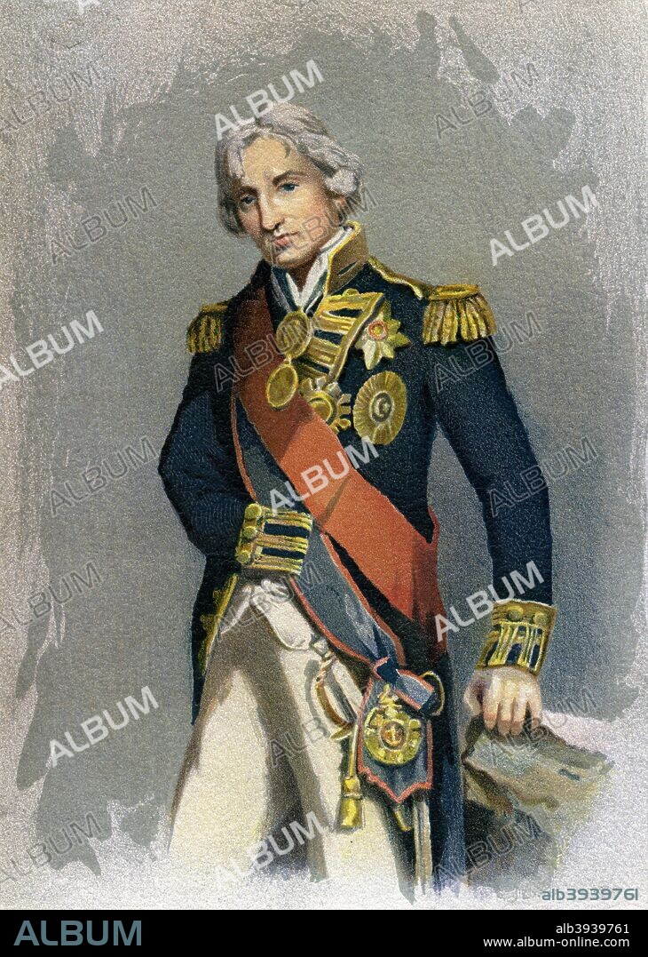 Admiral Lord Nelson, (c1890-c1893). One of Britain's greatest military figures, Admiral Nelson (1758-1805) was the victor at a number of naval battles in the Napoleonic Wars, including the Battle of the Nile (1798), Copenhagen (1801) and most famously, Trafalgar (1805), where he was fatally wounded. A print from Her Majesty's Navy Including its Deeds and Battles, by Lieut Chas Rathbone Low, Volume III, JS Virtue & Co, London, 1890-1893.