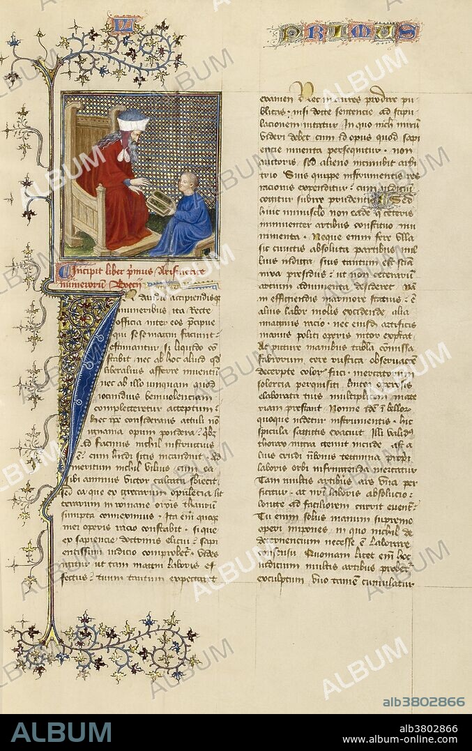 This image marks the start of Boethius's De Arithmetica, a treatise on mathematics. Boethius is shown instructing a young boy in arithmetic. The student's wax tablets (wooden boards covered in wax) are filled with numbers. Students could write on and reuse the surface of a tablet by covering it with new wax. Boethius (c. 480-524 or 525 AD, born in Rome), was a philosopher of the early 6th century, who also wrote about music, astronomy, geometry, and arithmetic. Painted by the illustrator known as Virgil Master in Paris, France. This manuscript illustration dates from about 1405. Tempera colors, gold paint, gold leaf, and ink on parchment.