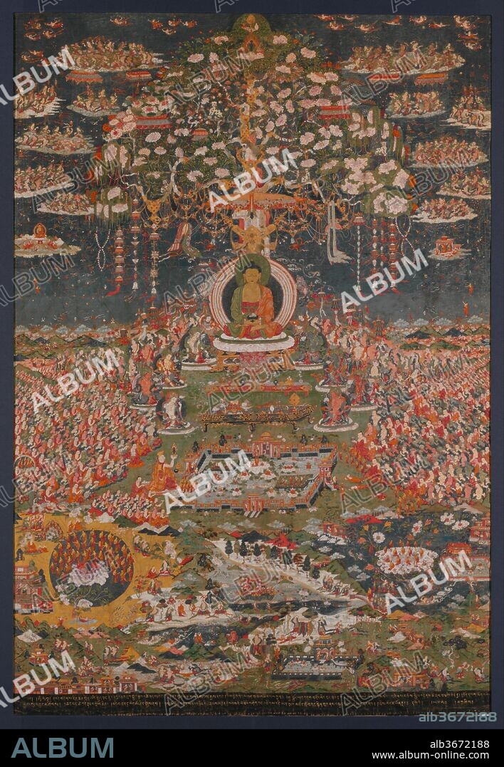 Amitabha, the Buddha of the Western Pure Land (Sukhavati). Culture: Central Tibet. Dimensions: 56 1/4 × 39 1/2 in. (142.9 × 100.3 cm). Date: ca. 1700.
Amitayus, the Buddha of Eternal Life, is also known as Amitabha, one of the five Cosmic Buddhas of Esoteric Buddhism. He is shown in his paradise, Sukhavati, the Western Pure Land, enthroned beneath a flowering tree festooned with strands of jewels and auspicious symbols. To either side the sky is filled with throngs of ecstatic demigods who bear offerings and scatter flowers. Seated below are the eight great bodhisattvas, and between them are two large, low tables covered with offerings. To either side are the vast assembled audiences who receive Amitayus's message. At the bottom, set within a vast panoramic landscape, are courtyards, giant lotus flowers, and pools from which the purified are being reborn.