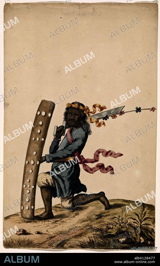 Ambonese dancing warrior in blue robe. Artist: Andries Beeckman. Draughtsman: anonymous. Dating: c. 1675 - c. 1725. Place: Netherlands. Measurements: h 320 mm × w 200 mm.