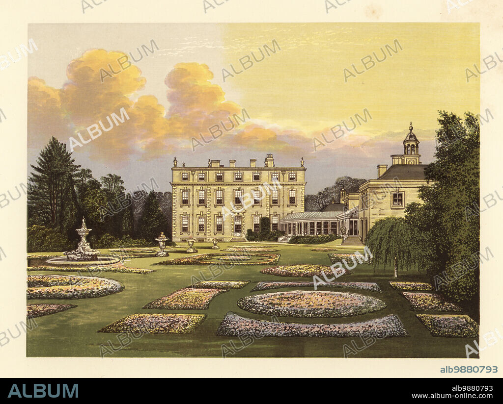 Ditchley House and gardens, Oxfordshire, England. Fine oak and stone house designed by architect James Gibb in 1722 for George Henry Lee I, 2nd Earl of Lichfield. Home of Arthur Edmund Denis Dillon, 16th Viscount Dillon. Colour woodblock by Benjamin Fawcett in the Baxter process of an illustration by Alexander Francis Lydon from Reverend Francis Orpen Morriss A Series of Picturesque Views of the Seats of Noblemen and Gentlemen of Great Britain and Ireland, William Mackenzie, London, 1880.