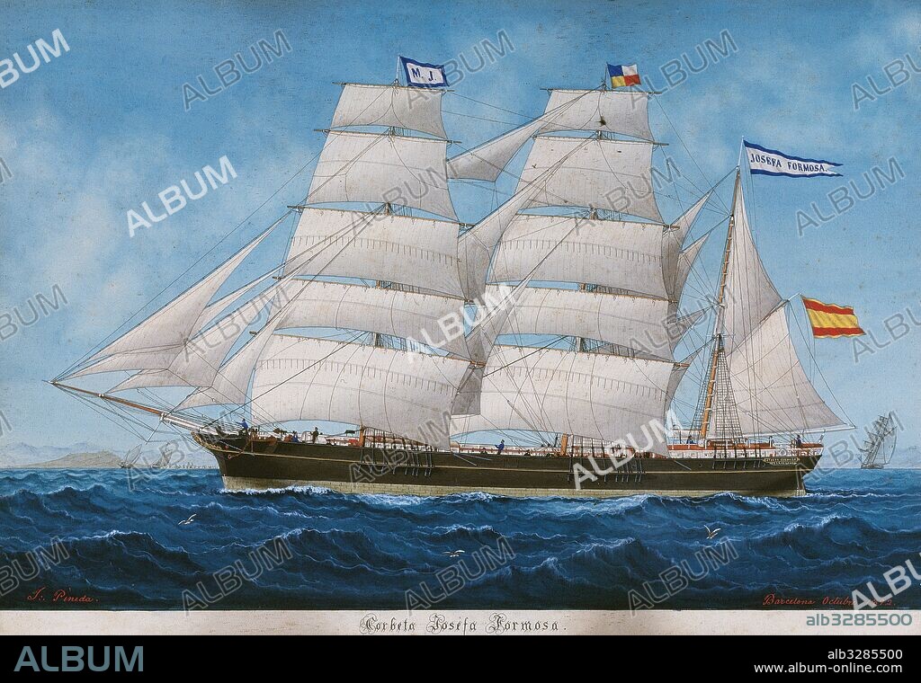 HISTORIA DE LA NAVEGACION. Siglo XIX. "CORBETA-JOSEFA FORMOSA-". Construída en Sundetlan (Inglaterra) por G. y J. Mills en el año 1868. Acuarela de José Pineda Guerra (Alicante, 1837-1907), pintada en Barcelona, octubre del año 1899. Museo Marítimo de Barcelona. Cataluña.