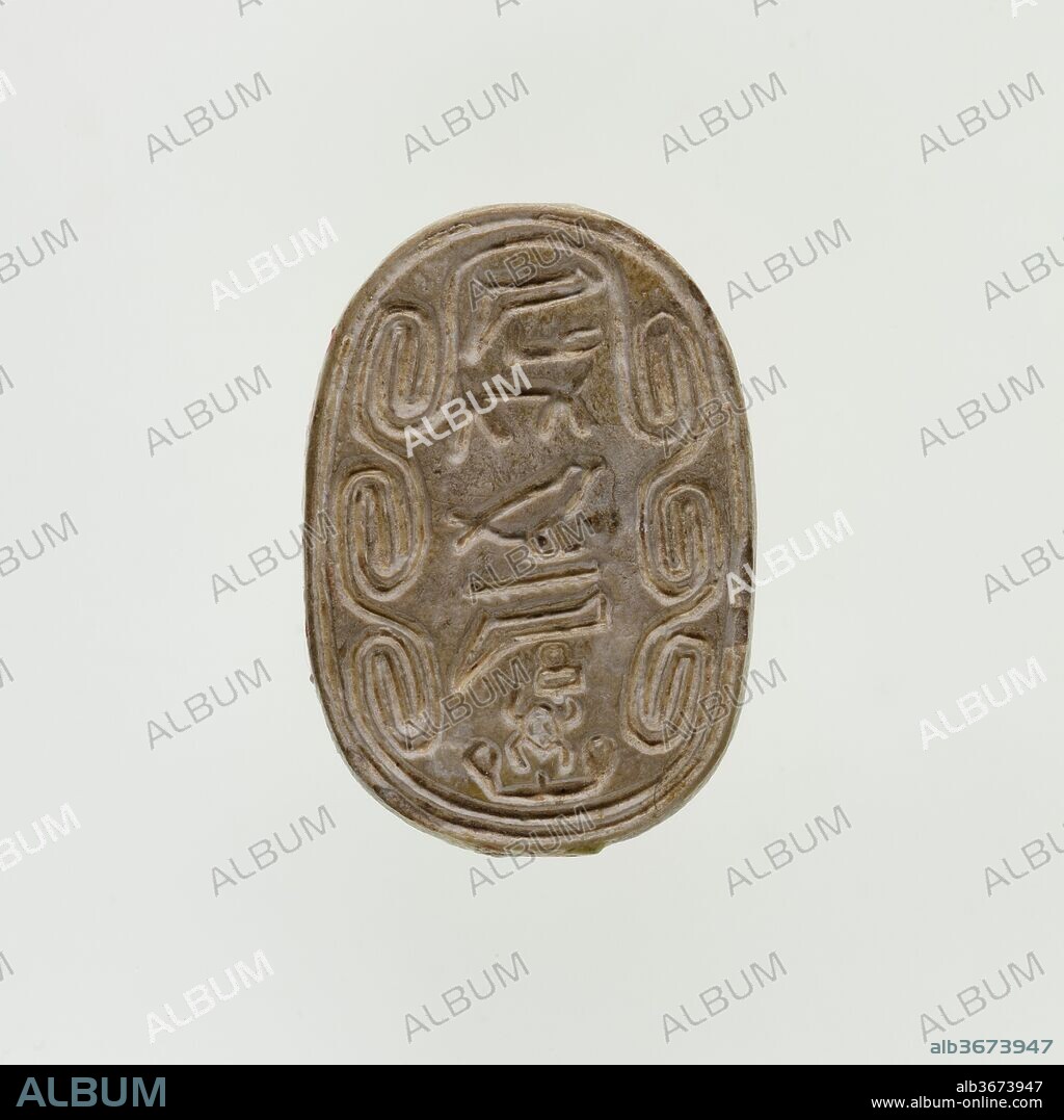 Scarab of the Chamberlain to the Treasurer Kheperka. Dimensions: L. 2.1 cm (13/16 in.); W. 1.5 cm (9/16 in.); H. 0.9 cm (3/8 in.). Dynasty: Dynasty 13. Date: ca. 1750-1700  B.C..
Scarabs bearing the names of nonroyal individuals first appeared in the later Twelfth Dynasty, concurrent with other significant cultural and political developments. Thereafter scarabs were mass produced, primarily as amulets, though they often also functioned as administrative seals. Scarab beetles lay their eggs in round balls of dung from which their young emerge, actions that the ancient Egyptians equated with the sun god and rebirth, appropriate symbolism for amulets that were often placed in tombs.