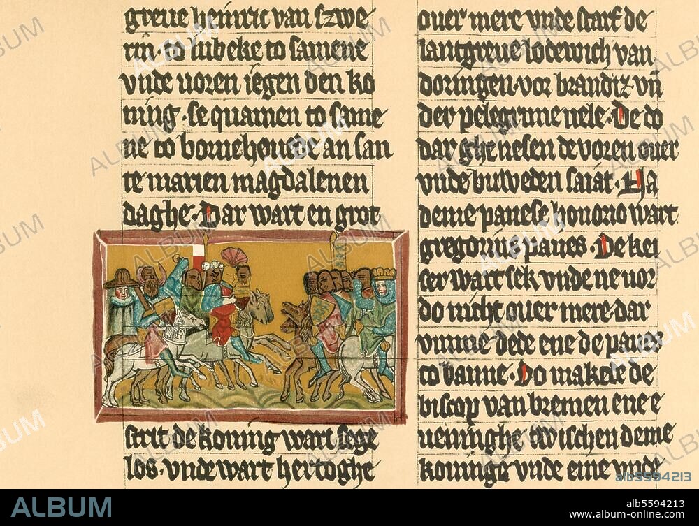 Schlacht bei Bornhöved (Schleswig), 22. Juli 1227 (Sieg des Grafen Adolf IV. von Holstein über König Waldemar II. von Dänemark). Die Schlacht bei Bornhöved. Buchmalerei, um 1300. Aus der Sächsischen Weltchronik. Berlin.