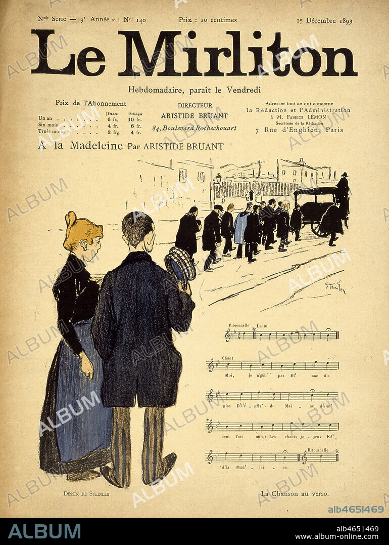 'A la Madeleine' par Aristide BRUANT (1851-1925). Illustration de STEINLEN (1859-1923) representant le passage d'un corbillard, in. Le Mirliton du 15/12/1893. Credit : Collection KHARBINE-TAPABOR.