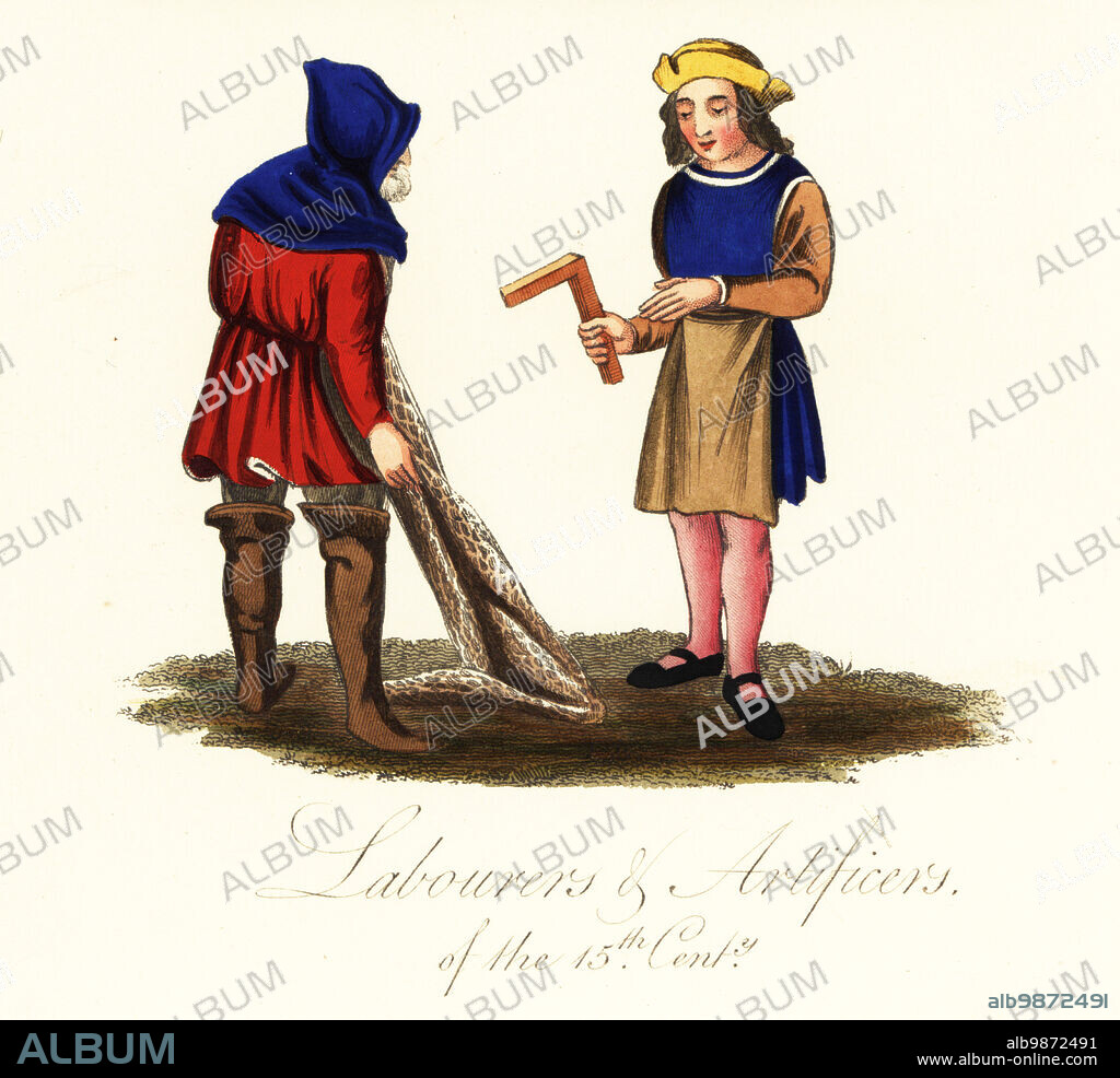 A builder or stone mason with right angle, and a hunter in hood, tunic and boots holding a birding net. Labourers and artificers of the 15th century. From Speculum humanae salvationis, Harley MS 2838. Handcoloured engraving by Joseph Strutt from his Complete View of the Dress and Habits of the People of England, Henry Bohn, London, 1842.