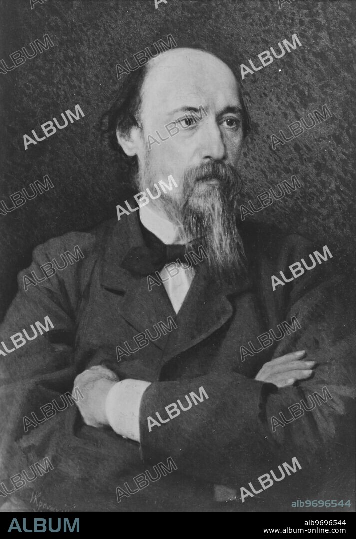 Portrait of Nikolay Alexeyevich Nekrasov (1821-1877), Russian poet, writer, critic and publisher, whose deeply compassionate poems about peasant Russia won him Fyodor Dostoyevsky's admiration. Portrait painted by I.N. Kramskoi and is housed in the State Tretyakov Gallery in Moscow. 1877. Supplied By: SCRSS - Society for Co-operation in Russian & Soviet Studies.
