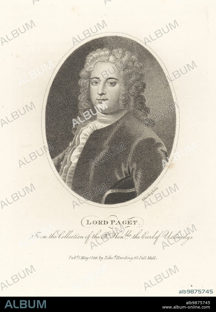 Thomas Catesby Paget or Pagett, 1689-1742, English poet, writer and politician, lord of the bedchamber to the Prince of Wales, courtier to King George II. Lord Paget. In powdered wig, velvet coat, cravat, holding a tricorn. Also believed to be Sir Nicholas Bayly. Copperplate engraving by Edward Harding after Enoch Seeman the younger from John Adolphus The British Cabinet, containing Portraits of Illustrious Personages, printed by T. Bensley for E. Harding, 98 Pall Mall, London, 1800.