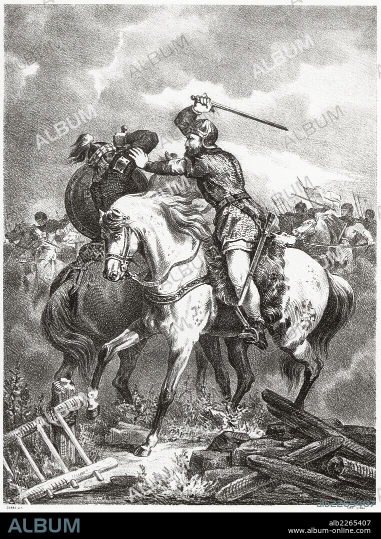 Historia de España. Batalla de Zalaca, cerca de Badajoz, entre musulmanes y cristianos en el año 1086. Grabado de 1872.