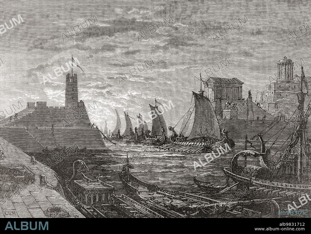 The naval battle in the harbour of Syracuse during the Sicilian Expedition, part of the Peloponnesian War, 415-413 BC. From Cassell's Universal History, published 1888.