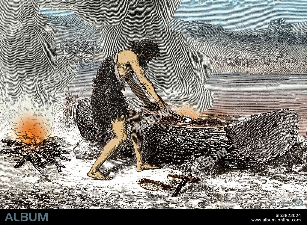 In the stone ages primitive boats developed to permit navigation of rivers and for fishing in rivers and off the coast. It has been argued that boats suitable for a significant sea crossing were necessary for people to reach Australia an estimated 40,000-45,000 years ago. With the development of civilization, bigger vessels were developed both for trade and war. In the Mediterranean, galleys were developed about 3000 BC. Dugouts are the oldest boats archaeologists have found, dating back about 8,000 years to the Neolithic Stone Age. This is probably because they are made of massive pieces of wood, which tend to preserve better than, e.g., bark canoes. "Primitive Man" by Louis Figuier, 1871. This image has been color-enhanced.