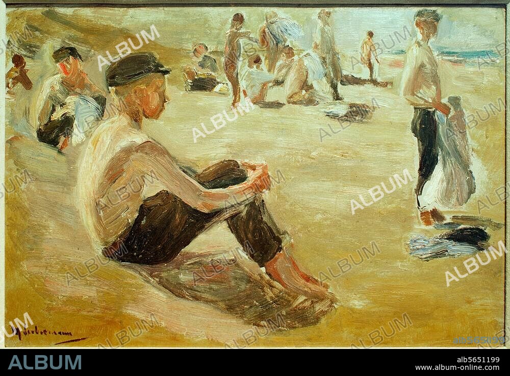 MAX LIEBERMANN. Liebermann, Max, 1847-1935, German painter. "Badende Knaben" (Boys bathing), c.1900. Oil on card, 33 x 48.2 cm. Cologne, Franke Gallery 1992.
