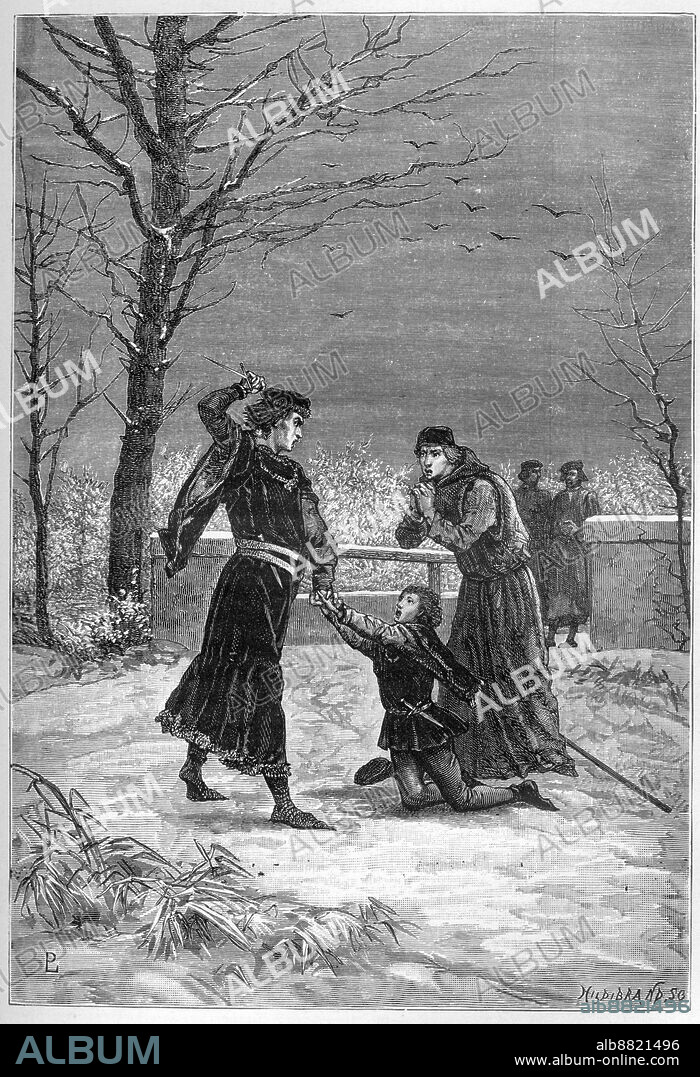 UNKNOWN ARTIST (19TH CENTURY). The Murder of Rutland by Lord Clifford - Edmund, Earl of Rutland is killed by Lord Clifford at the Battle of Wakefield - Edmond Plantagenet Earl of Rutland (1443-1460) died at seventeen years old in 1460 after the Battle of Wakefield during the War of the Two Roses, executed on the order of John Clifford - engraving in The History of England, most By Francois Guizot 1877.