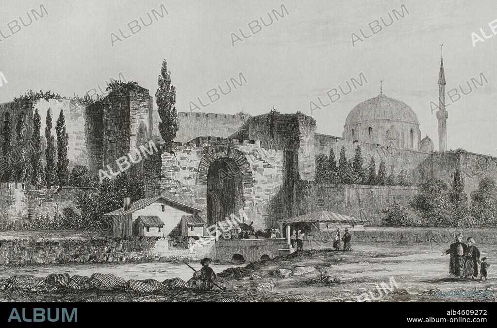 Imperio Otomano. Turquía. Constantinopla (actual Estambul). Murallas terrestres. Puerta de Adrianópolis o también llamada puerta de Edirne o Puerta de Carisio o Puerta de Polyandrion. Grabado por Lemaitre, Vormser y Fonnstecher. Historia de Turquía, por Joseph Marie Jouannin (1783-1844) y Jules van Gaver. Panorama Universal, edición estañola de 1840.