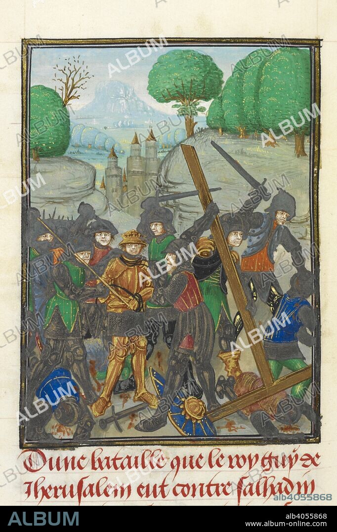 WILLIAM OF TYRE. The defeat of Guy of Lusignan and the loss of the Holy Cross. . Historia rerum in partibus transmarinis gestarum, in French, with continuation to 1231. TRANSLATION, into French, and continuation to 1231, of the Latin history of the Crusades by Guillelmus (William) , Archbishop of Tyre (1174-1190 ?). The French text of William is printed by Paulin Paris (Guillaume de Tyr, Paris, 1879). Netherlands, S. (Bruges), c. 1479-c. 1480. Source: Royal 15 E.I, f.433v. Language: French.