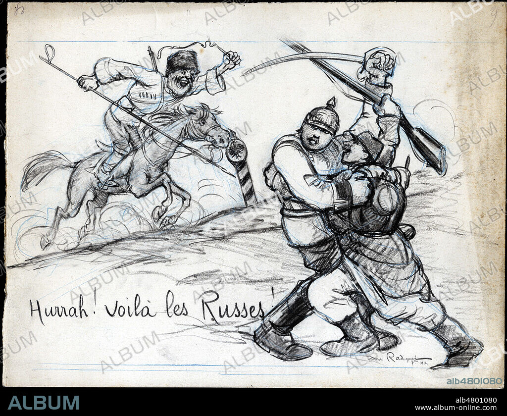 'Hurrah ! Voila les russes !' : bagarre entre un soldat francais et un allemand, un cavalier russe charge. Illustration par RADIGUET (1866-1941) pour un dessin original de la guerre 14-18. Credit : Collection IM/KHARBINE-TAPABOR.