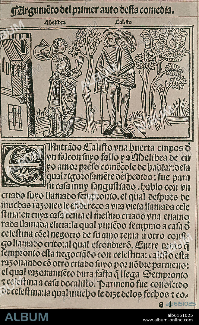FERNANDO DE ROJAS (1470-1541). PORTADA DE LA CELESTINA - CALISTO Y MELIBEA EN EL PRINCIPIO DEL ACTO 1 - BURGOS, 1499.
