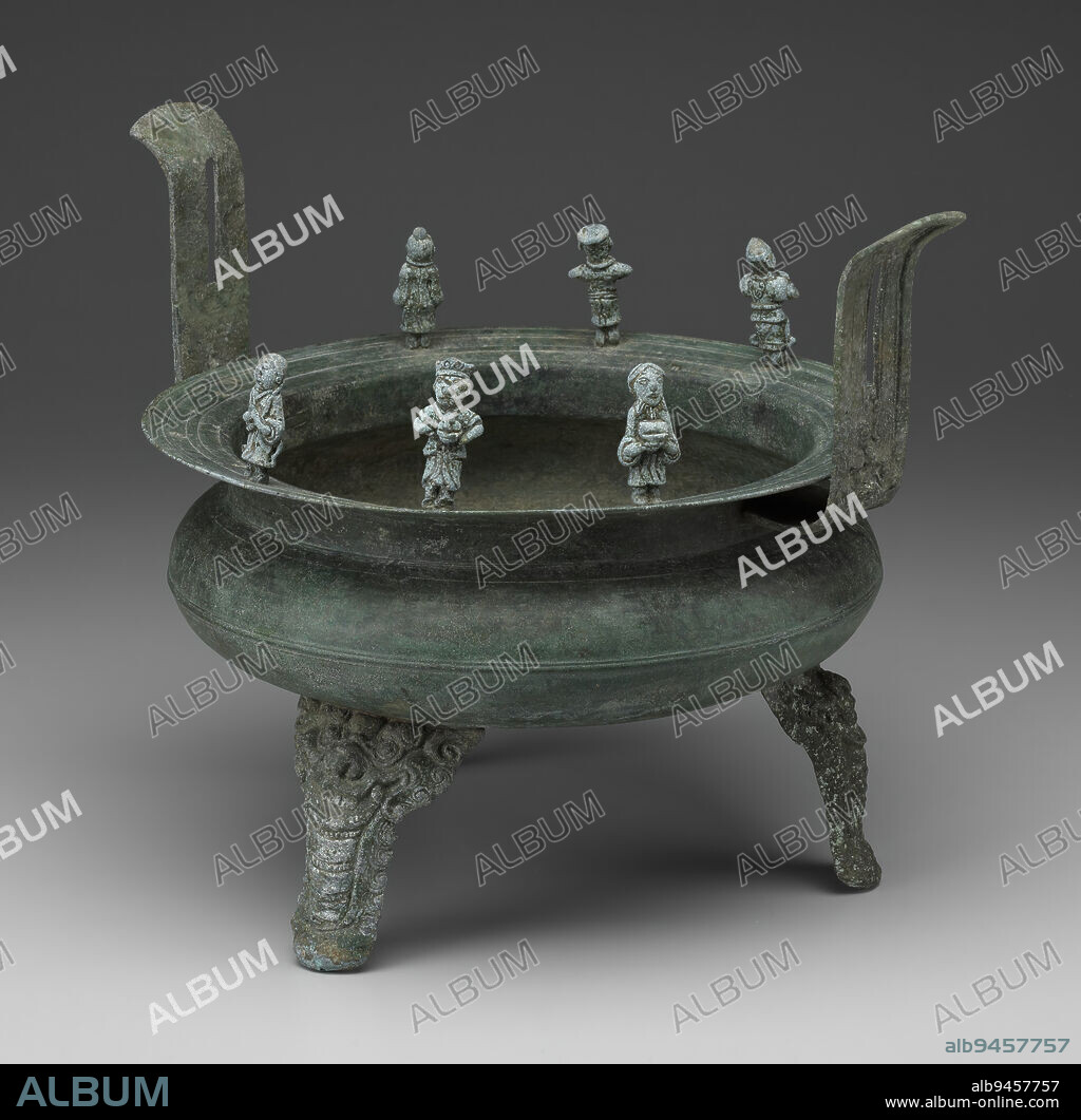 Tripod Incense Burner, 14th century, 9 15/16 x 12 1/8 x 10 1/16 in. (25.24 x 30.8 x 25.56 cm), Bronze, Vietnam, 14th century, Contact with China during the Han dynasty (206 b.c.-220 a.d.) greatly influenced Vietnamese art and culture for centuries to come. As the Vietnamese adopted Confucianism and Chinese style ancestor worship, their ritual bronze tripods, vases, and even coins took on Chinese characteristics. While this rare fourteenth century Vietnamese tripod has a Chinese form, the small figural images attached to the rim are entirely a Vietnamese invention. The figures, clad in native dress, each carry an offering perhaps to an altar table where a censer such as this would have been used in ritual ceremonies.