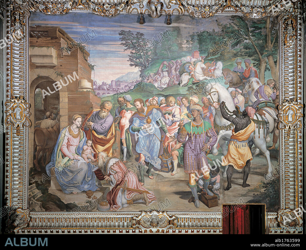The Adoration of the Magi, by Simone Peterzano, 1578-1582, 16th Century,. Italy, Lombardy, Milan, Garegnano, Charterhouse. All. The Adoration of the Magi the Holy Family the Virgin Mary the Baby Child Jesus Christ St Joseph King Magi gifts presents oriental style headdresses headgears turbans luxurious lavish garments clothes dresses silk brocade embroideries jewelry je.wels horses black African servant crowd men women trees hill ruins remains building cornice carving green yellow blue white light blue azure pink.