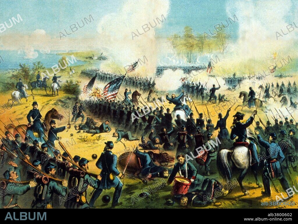 The Battle of Shiloh was a major battle of the American Civil War, April 6-7, 1862, in Tennessee. The Union army under General Ulysses S. Grant had moved down the Tennessee River deep into Tennessee and was encamped at Pittsburg Landing on the west bank of the river. Confederate forces under Generals Albert Sidney Johnston and P. G. T. Beauregard launched a surprise attack on Grant there. The Confederates achieved considerable success on the first day, but were ultimately defeated on the second day. Published by J.H. Bufford's Lithographers, 1862.