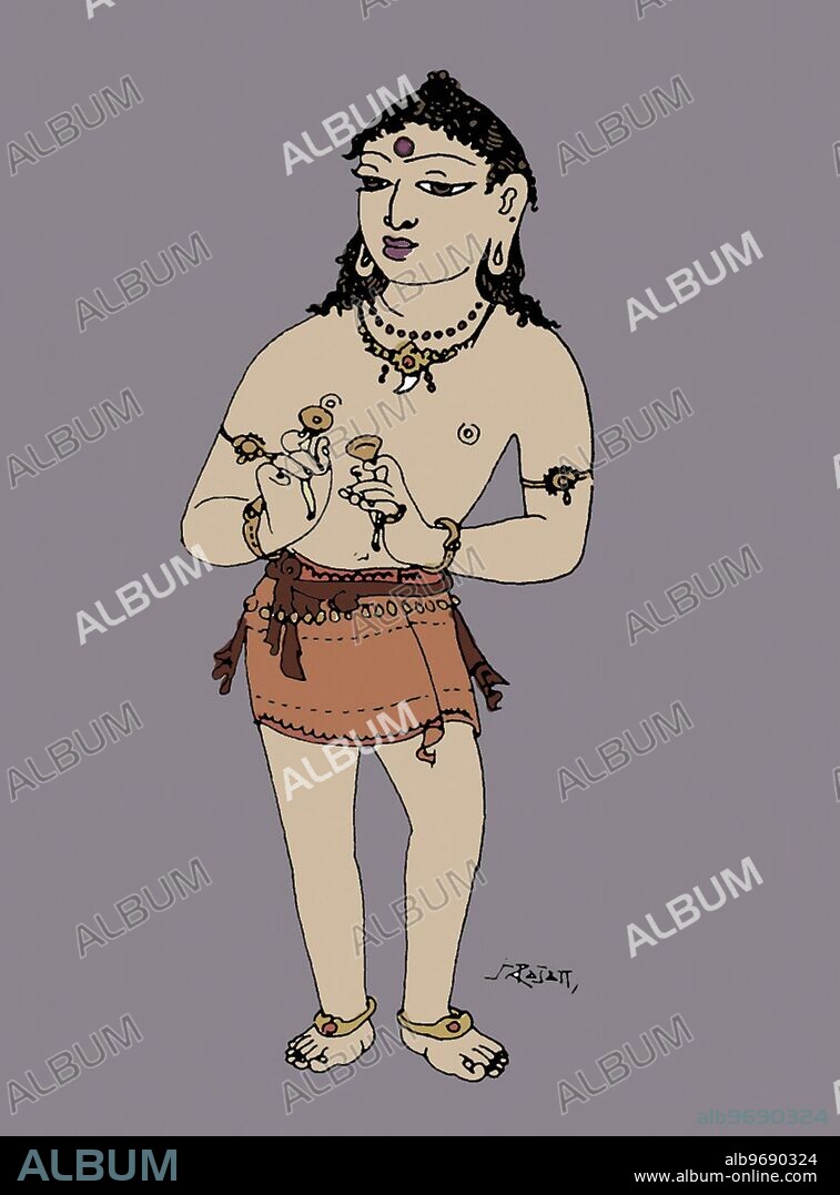 India: saint - sadhu - swami - sannyasin - monk - devotion - Hindu belief - Hindu - Hinduism - art - cymbals - music - rudraksha - Artist S. Rajam - Himalayan Academy art - India - Indian art - Hindu art - religion - Hindu religion.